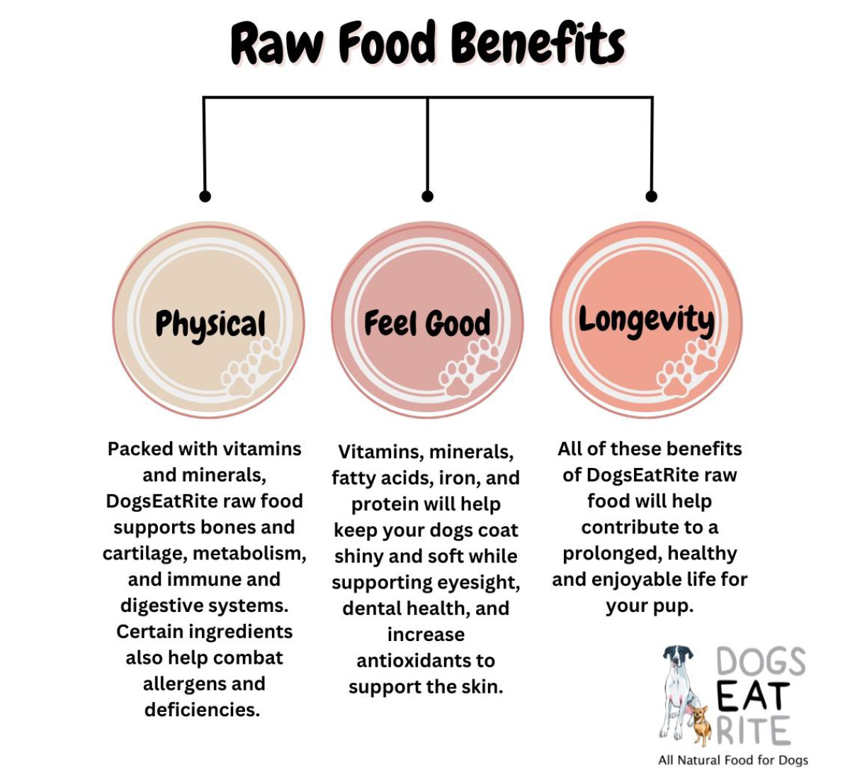 Why Dogs Eat Rite? Raw diets are different from kibble in that they include uncooked animal proteins, fruits, vegetables, and supplements.